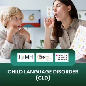 Child Language Disorder CLD training with therapist guiding child through speech exercises using visual aids.