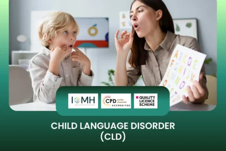 Child Language Disorder CLD training with therapist guiding child through speech exercises using visual aids.
