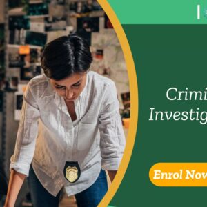 Investigative professionals analyse case board filled with photos and notes; UK-based “Criminal Investigation” training course promoted by IOMH.