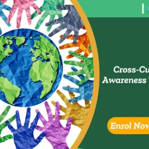 Visual representation of global unity with handprint art surrounding Earth graphic; promotional banner highlights UK-based Cross-Cultural Awareness Training course by IOMH.