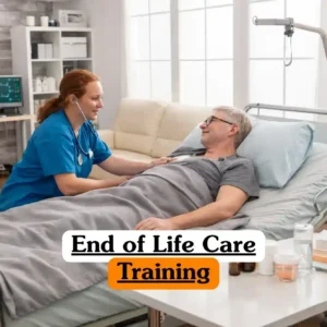 End of Life Care Training course banner with healthcare professional in blue scrubs using stethoscope to check older adult patient with gray hair lying in hospital bed covered by gray blanket beside IV stand monitor vital signs bedside table with medical supplies and glass of water in clean well lit care facility.
