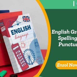 English Grammar, Spelling and Punctuation course banner with British-themed books featuring London landmarks and enrol now.
