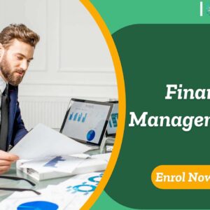 Financial Management course banner with professional in blue suit reviewing charts and laptop analytics with enrol now button.