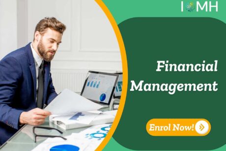 Financial Management course banner with professional in blue suit reviewing charts and laptop analytics with enrol now button.