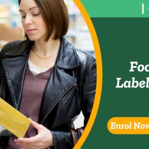 Man in a retail environment showcasing food packaging; promotional banner highlights UK-based “Food Labelling” course by IOMH.
