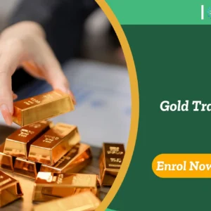 Hand reaching for gold bars; banner promotes IOMH Gold Trading course.