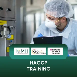 HACCP Training banner with person in protective clothing inspecting industrial equipment and taking notes on clipboard.