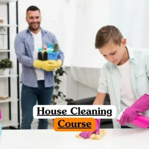 House Cleaning Course banner with person in light shirt purple gloves wiping white table using yellow cloth and pink spray bottle while another person in blue checkered shirt yellow gloves holds bucket of cleaning supplies in bright modern room with shelves books and plants.