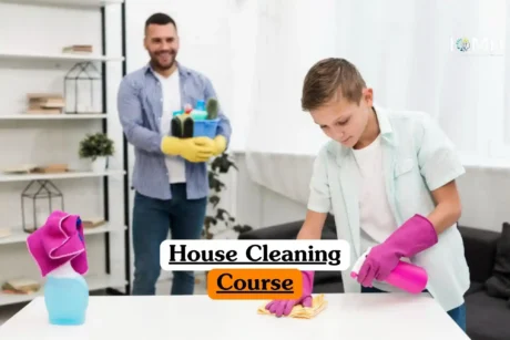 House Cleaning Course banner with person in light shirt purple gloves wiping white table using yellow cloth and pink spray bottle while another person in blue checkered shirt yellow gloves holds bucket of cleaning supplies in bright modern room with shelves books and plants.