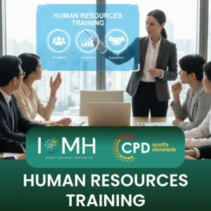 Trainer presenting HR session; banner promotes IOMH Human Resources Training course.