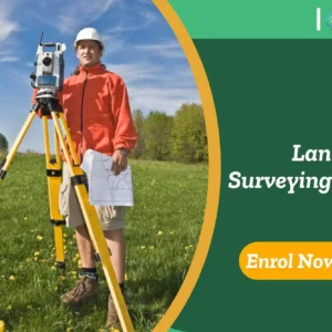 Surveyor using total station in field; banner promotes Land Surveying Course by IOMH.