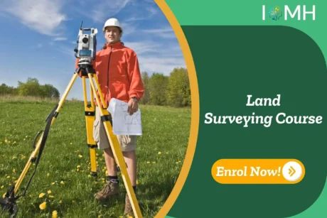 Surveyor using total station in field; banner promotes Land Surveying Course by IOMH.