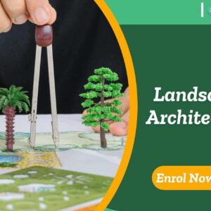 Compass drawing landscape plan with model trees; banner promotes Landscape Architecture course.
