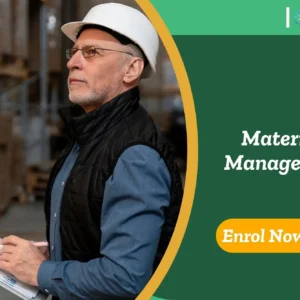 Warehouse inspector with a clipboard; banner promotes Materials Management course.