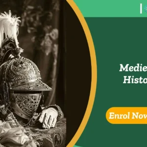 Medieval armour and sword; banner promotes IOMH Medieval History course.