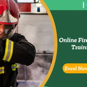 Firefighter in action during an emergency; banner promotes online fire safety training course.