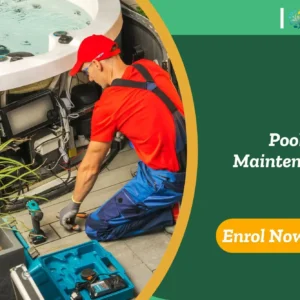 Worker servicing hot tub system; banner promotes IOMH Pool Maintenance course.