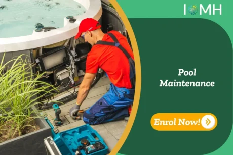 Worker servicing hot tub system; banner promotes IOMH Pool Maintenance course.