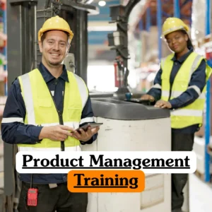Theoretical business strategy and product development training banner featuring a diverse team of five professionals collaborating in a bright, modern office space.