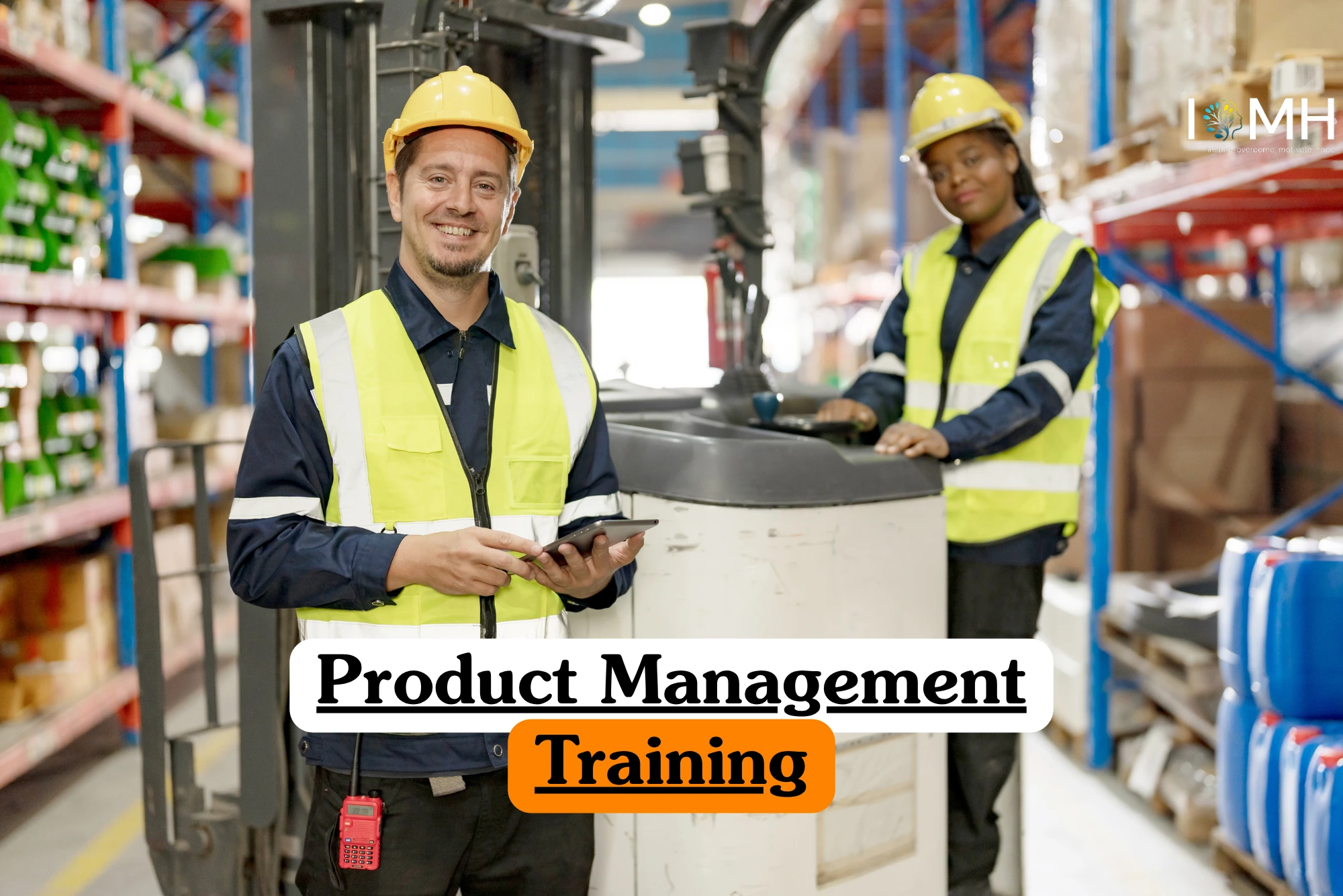 Theoretical business strategy and product development training banner featuring a diverse team of five professionals collaborating in a bright, modern office space.