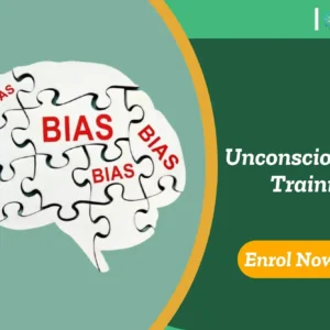 Brain puzzle graphic with repeated “BIAS” text; banner promotes Unconscious Bias Training.