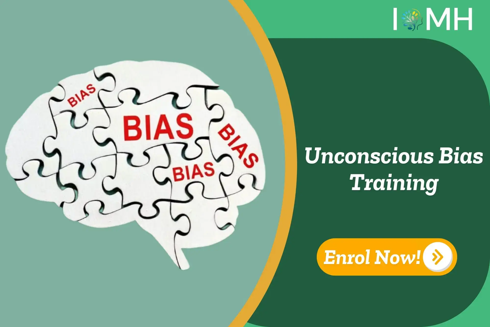 Brain puzzle graphic with repeated “BIAS” text; banner promotes Unconscious Bias Training.