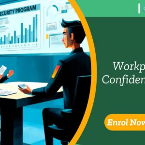 Corporate staff review confidential data insights; promotional banner features UK-based “Workplace Confidentiality” course by IOMH