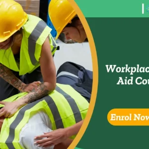 First aid response in a warehouse; banner promotes IOMH Workplace First Aid Course.