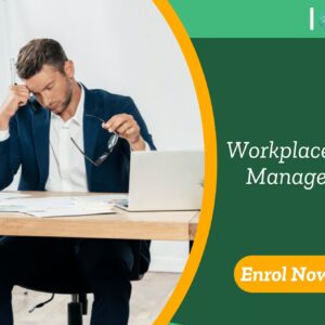 Professional facing mental strain in office environment; promotional banner advertises UK-based “Workplace Stress Management” training by IOMH.