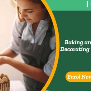Baking and Cake Decorating Diploma banner with person in apron piping decorative swirls onto chocolate drip cake and enrol now.