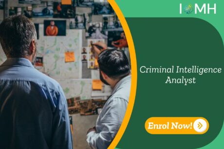Team engages in visual intelligence mapping for criminal analysis; enrolment banner showcases UK-based Criminal Intelligence Analyst training by IOMH.