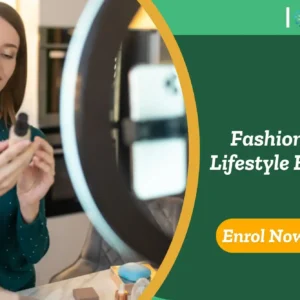 Model or photographer in minimalist studio with professional lighting; promotional banner highlights UK-based Fashion Photography training.