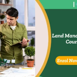 Sustainable development professional evaluating land use models with wind turbine and greenery; promotional banner highlights UK-based Land Management CourseSustainable development professional evaluating land use models with wind turbine and greenery; promotional banner highlights UK-based Land Management Course.