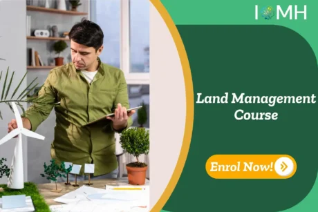 Sustainable development professional evaluating land use models with wind turbine and greenery; promotional banner highlights UK-based Land Management CourseSustainable development professional evaluating land use models with wind turbine and greenery; promotional banner highlights UK-based Land Management Course.