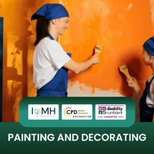 Painting and Decorating training banner with woman guiding child in blue aprons painting orange wall indoors.