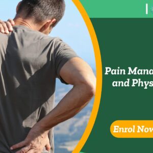 Individual visibly struggling with musculoskeletal discomfort outdoors; banner promotes UK-based “Pain Management and Physiology” training by IOMH