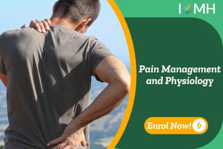 Individual visibly struggling with musculoskeletal discomfort outdoors; banner promotes UK-based “Pain Management and Physiology” training by IOMH