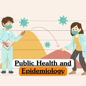 Public Health and Epidemiology course banner with illustrated medical professionals in protective clothing and face masks one holding clipboard another pointing to graph showing flattening the curve with overlapping yellow and red curves surrounded by virus icons.