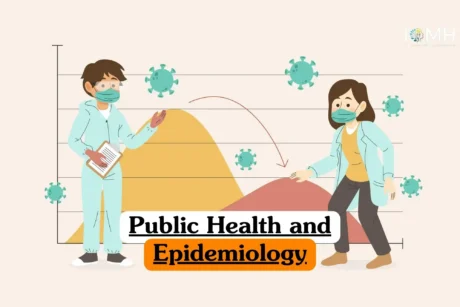 Public Health and Epidemiology course banner with illustrated medical professionals in protective clothing and face masks one holding clipboard another pointing to graph showing flattening the curve with overlapping yellow and red curves surrounded by virus icons.