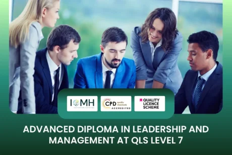 Advanced Diploma in Leadership and Management QLS Level 7 with professionals collaborating in business meeting setting.
