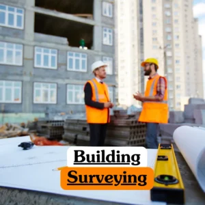 Theoretical construction and property management training banner featuring a professional building surveyor in a high-visibility yellow safety vest and white hard hat.