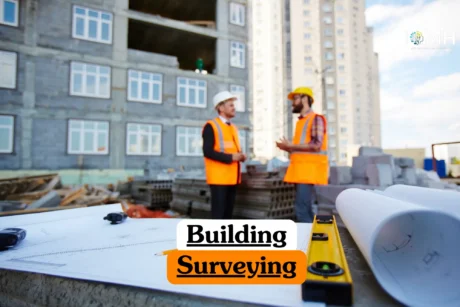 Theoretical construction and property management training banner featuring a professional building surveyor in a high-visibility yellow safety vest and white hard hat.