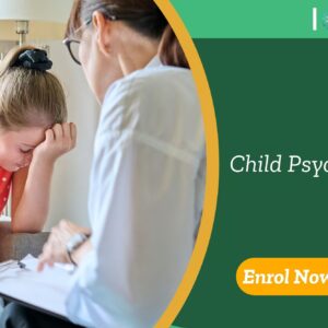 Child undergoing therapeutic session in professional setting; promotional banner highlights UK-based “Child Psychology” training by IOMH.