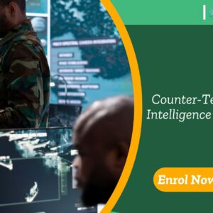 Counter-terrorism specialist analyses live data feeds in command centre; enrolment banner advertises UK-based Intelligence Analysis training by IOMH.