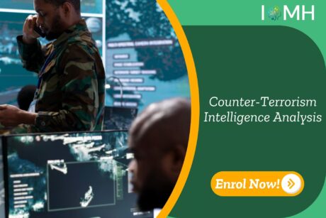 Counter-terrorism specialist analyses live data feeds in command centre; enrolment banner advertises UK-based Intelligence Analysis training by IOMH.