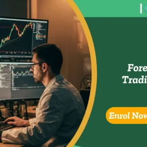 Trader analysing Forex charts; banner promotes IOMH Forex Trading course.