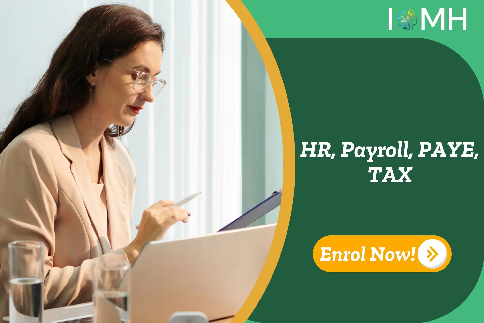 Office professional reviewing documents with laptop and tablet; promotional banner highlights UK-based HR, Payroll, PAYE, and TAX training.