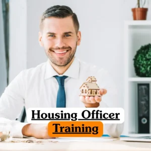 Housing Officer Training course banner with professional holding wooden house model at desk with coins jar laptop paper.