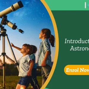 Group of children using a telescope under a starry sky during twilight; promotional banner invites enrolment in the Introduction to Astronomy course.