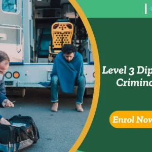 Emergency responder assists person at ambulance; banner promotes Level 3 Diploma in Criminology.